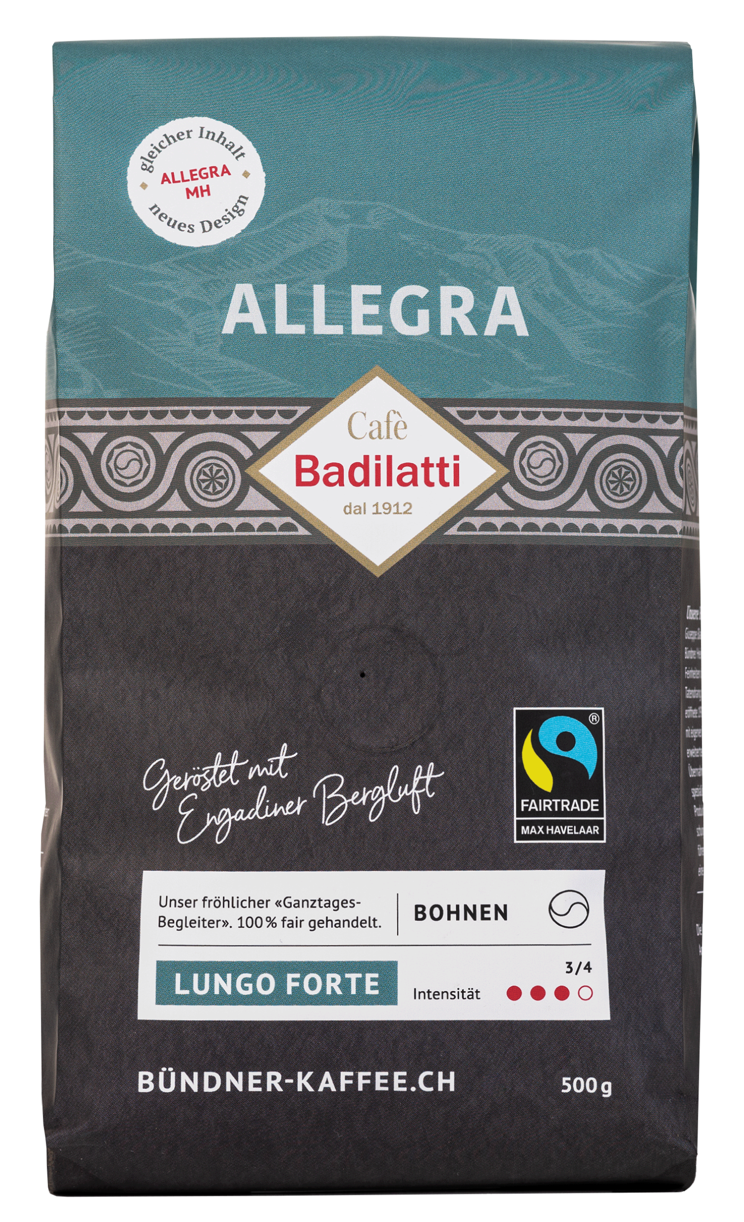 Verpackung Kaffee Badilatti in der Sorte Allegra Fairtrade, Lungo forte.